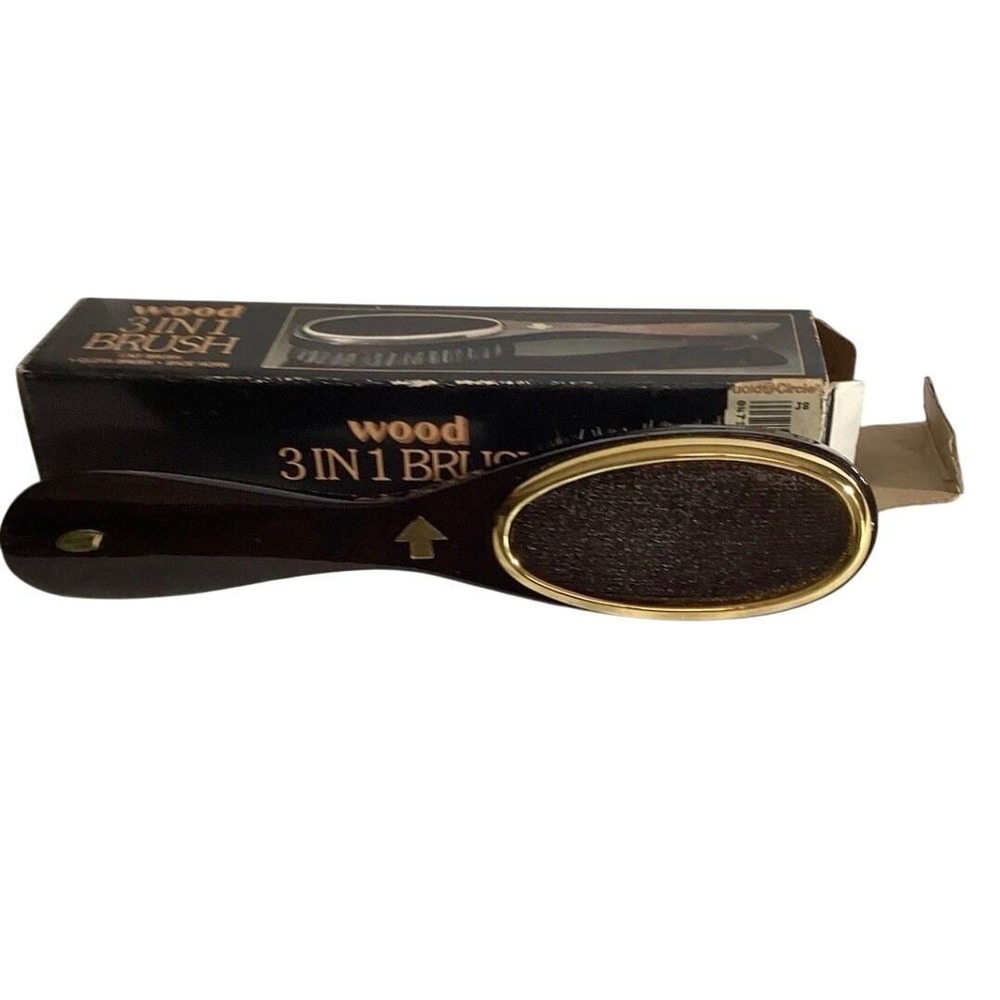 Vintage Gold Circle Wood 3 in 1 Brush Lint Cloth Shoe‎ Horn Grooming Tool Boxed